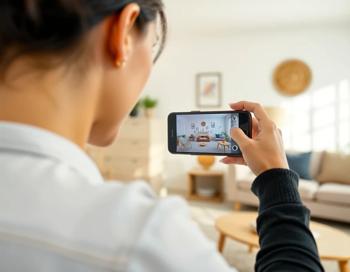 Woman taking a photo of her room for the DecorAI app