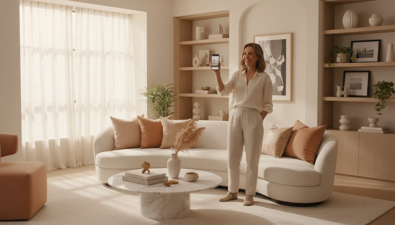 Woman using DecorAI to preview a beautiful room transformation